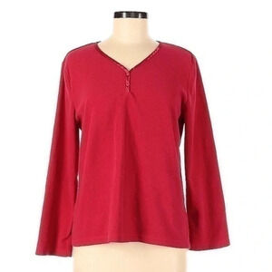 OSCAR Oscar De La Renta Red Long Sleeve V-Neck Fleece Pullover Sweater Size M